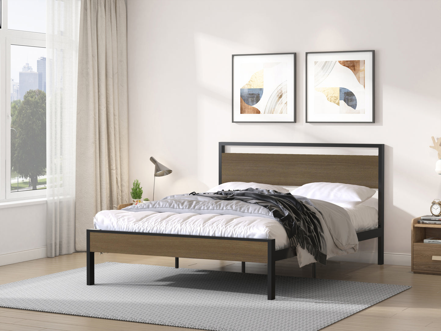 Metal Bed, Black with Cinnamon Wood Headboard & Footboard, Queen