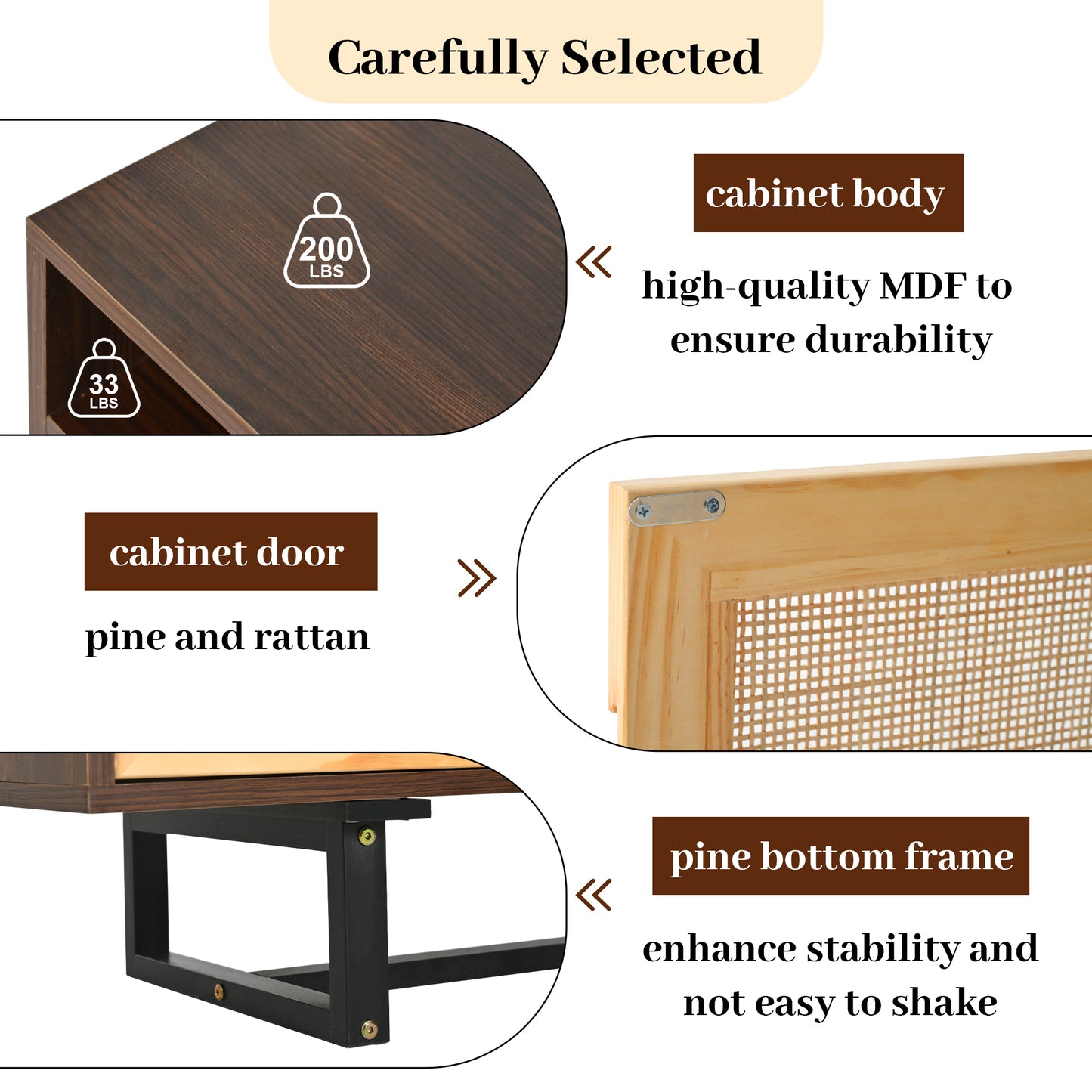 TREXM Retro Rattan TV Stand 3-door Media Console with Open Shelves for TV Stand under 75''(Walnut)