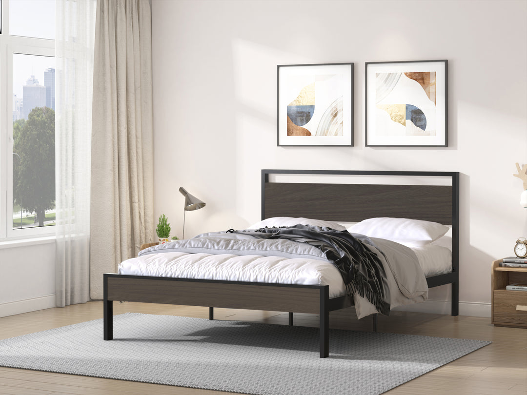 Metal Bed, Black with Walnut Wood Headboard&Footboard, Queen
