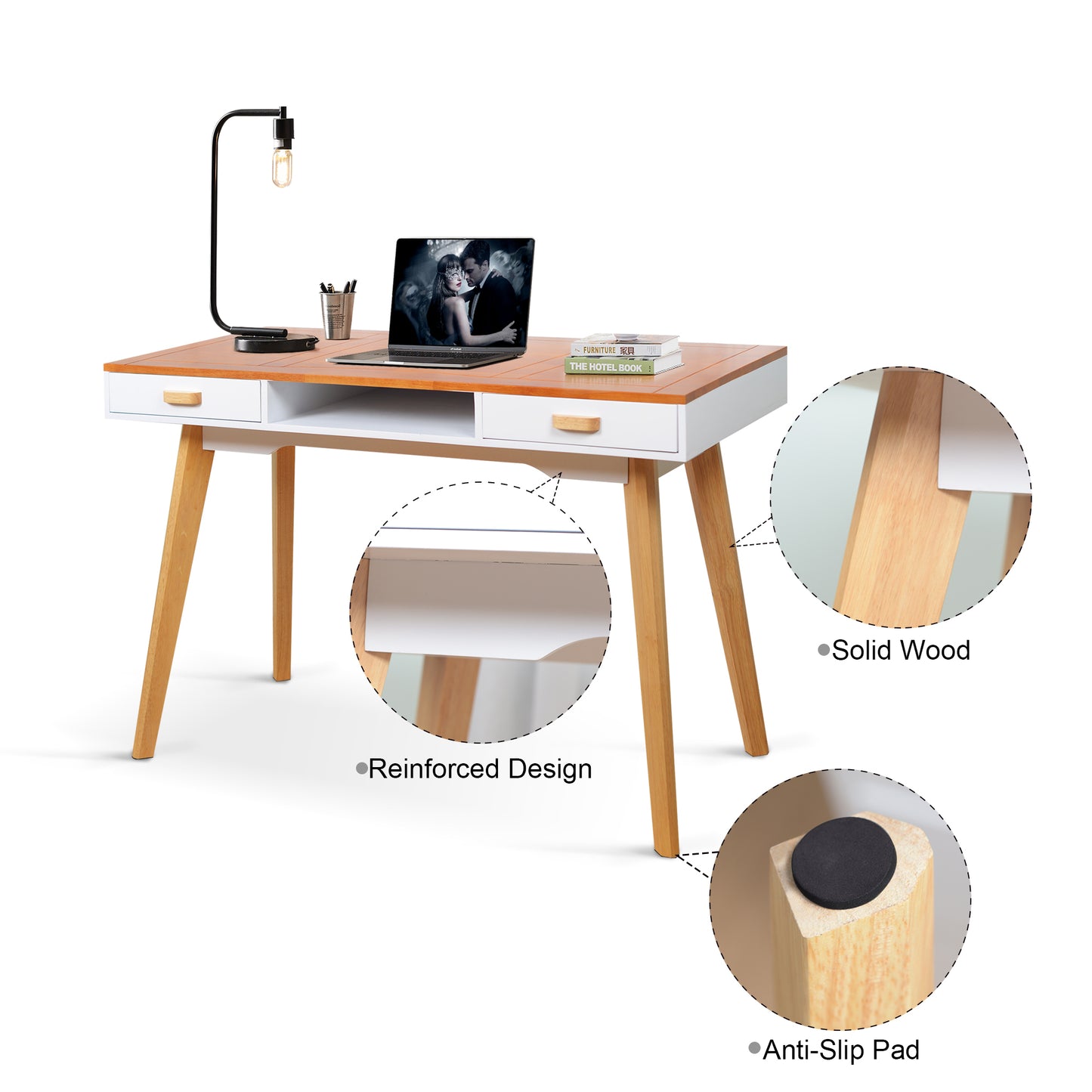 Wooden Writing Desk for Office,Solid Wood Computer Table for Home Wood+White Finish