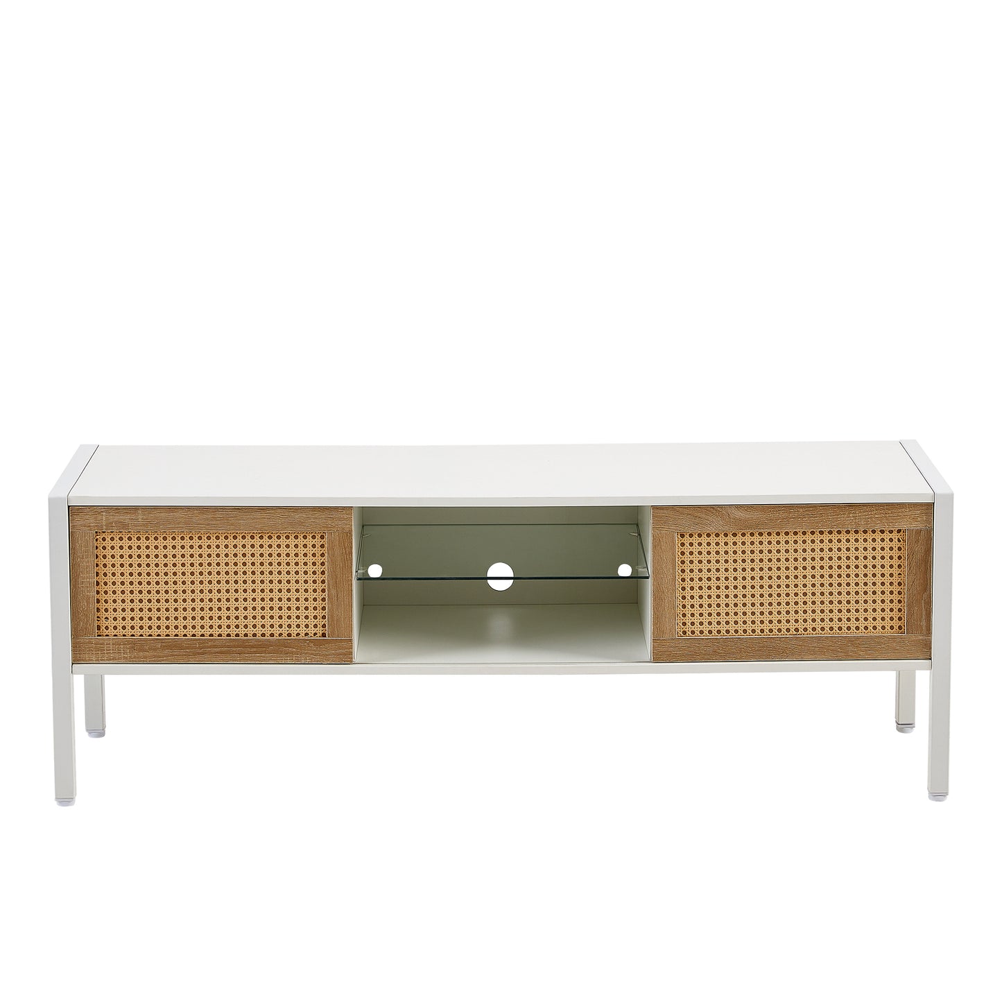 54.33" Rattan TV cabinet with variable color light strip, double sliding doors for storage