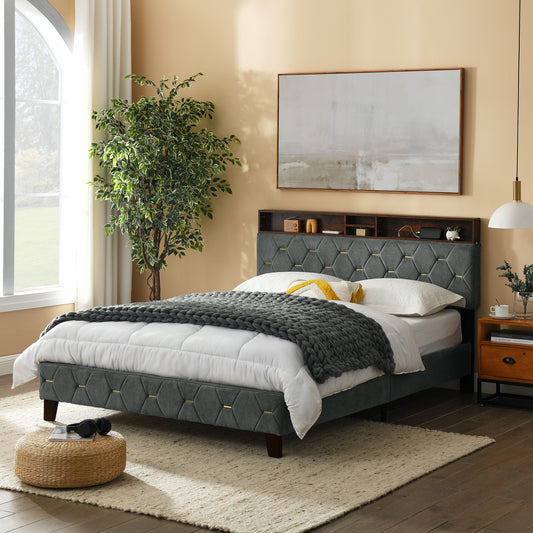 Queen Size Bed Frame, Shelf Upholstered Headboard, Platform Bed with Outlet & USB Ports Grey