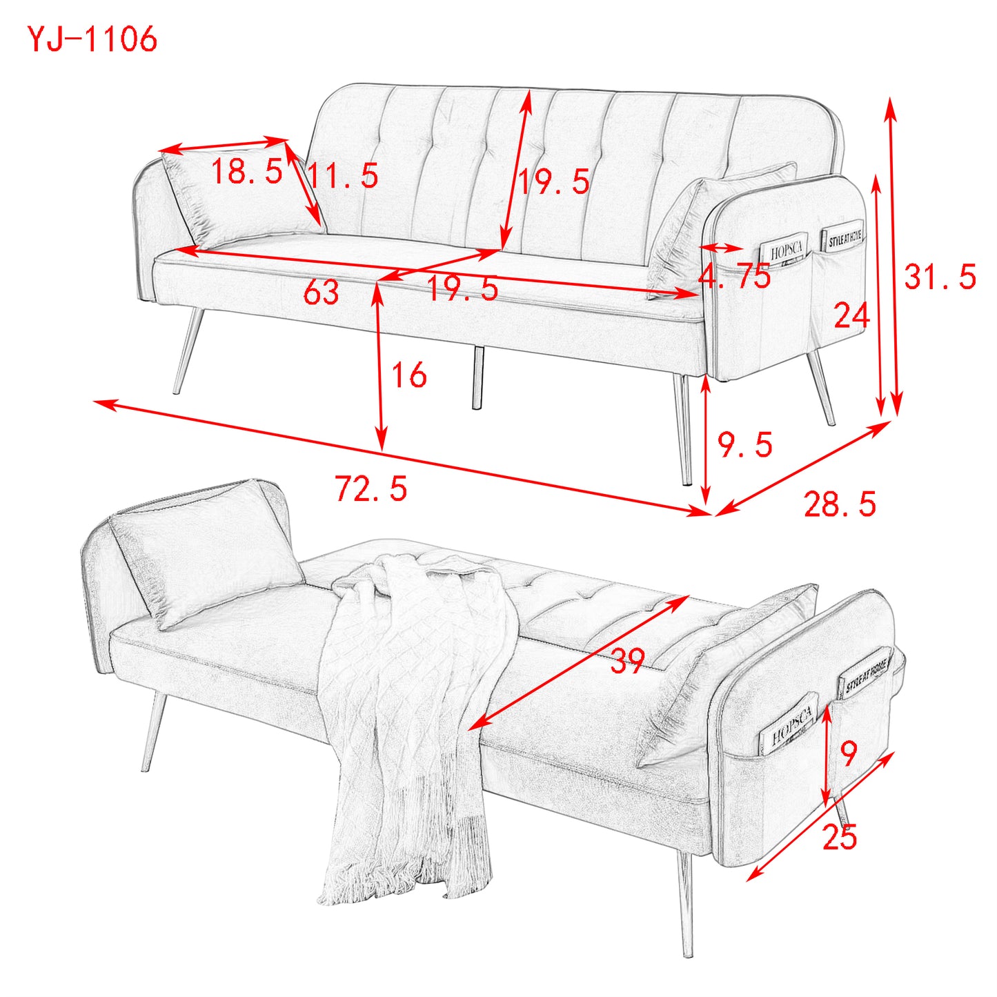 72.5"  Sofa Bed with Two Pillows and Center Leg