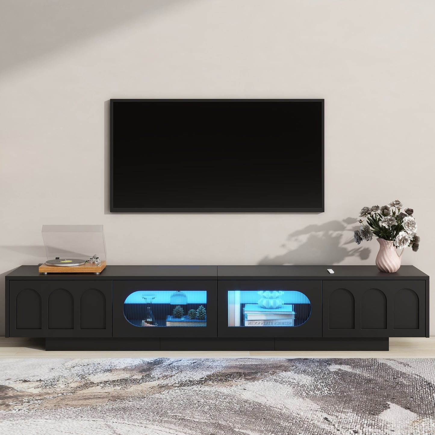 TV Stand with Fluted tempered Glass Doors for TVs Up to 95''