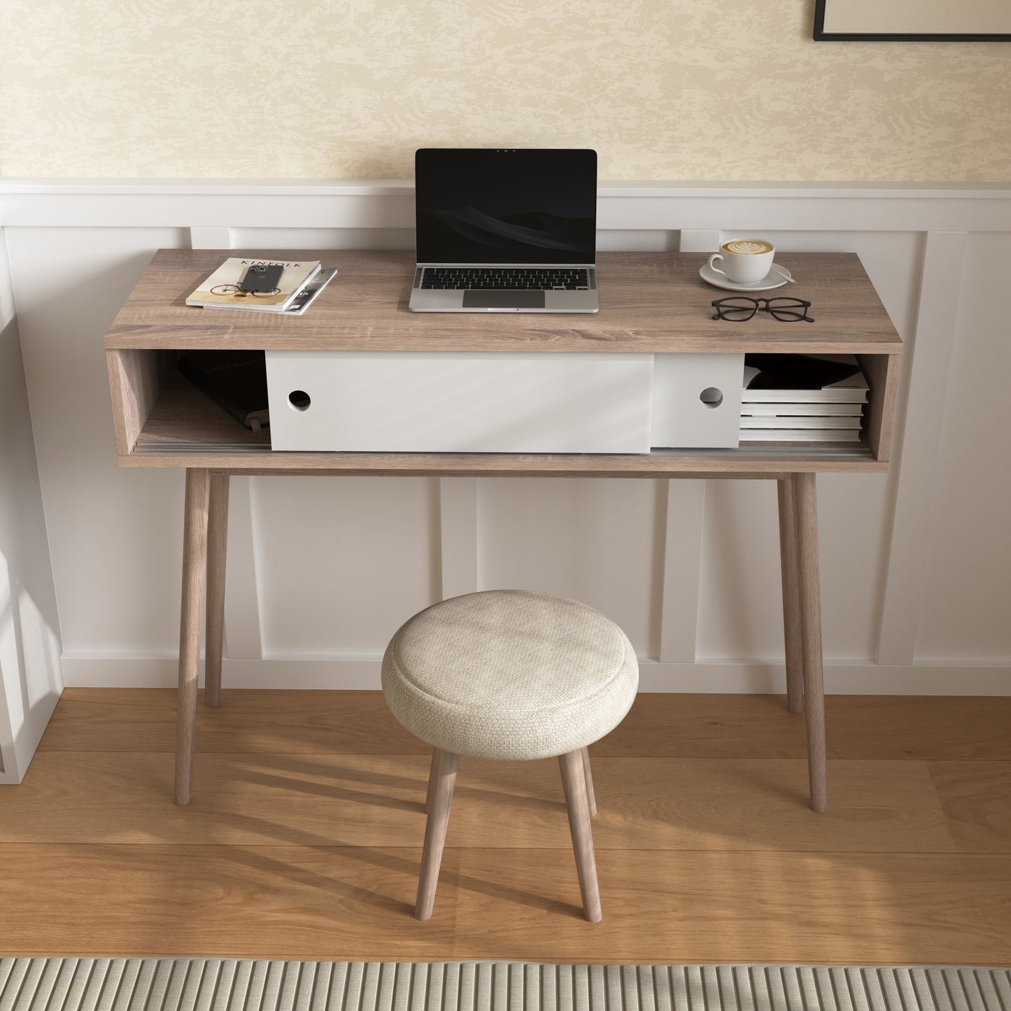 Table with 2 White Sliding Doors, Console Table with Storage Space and Wood Legs