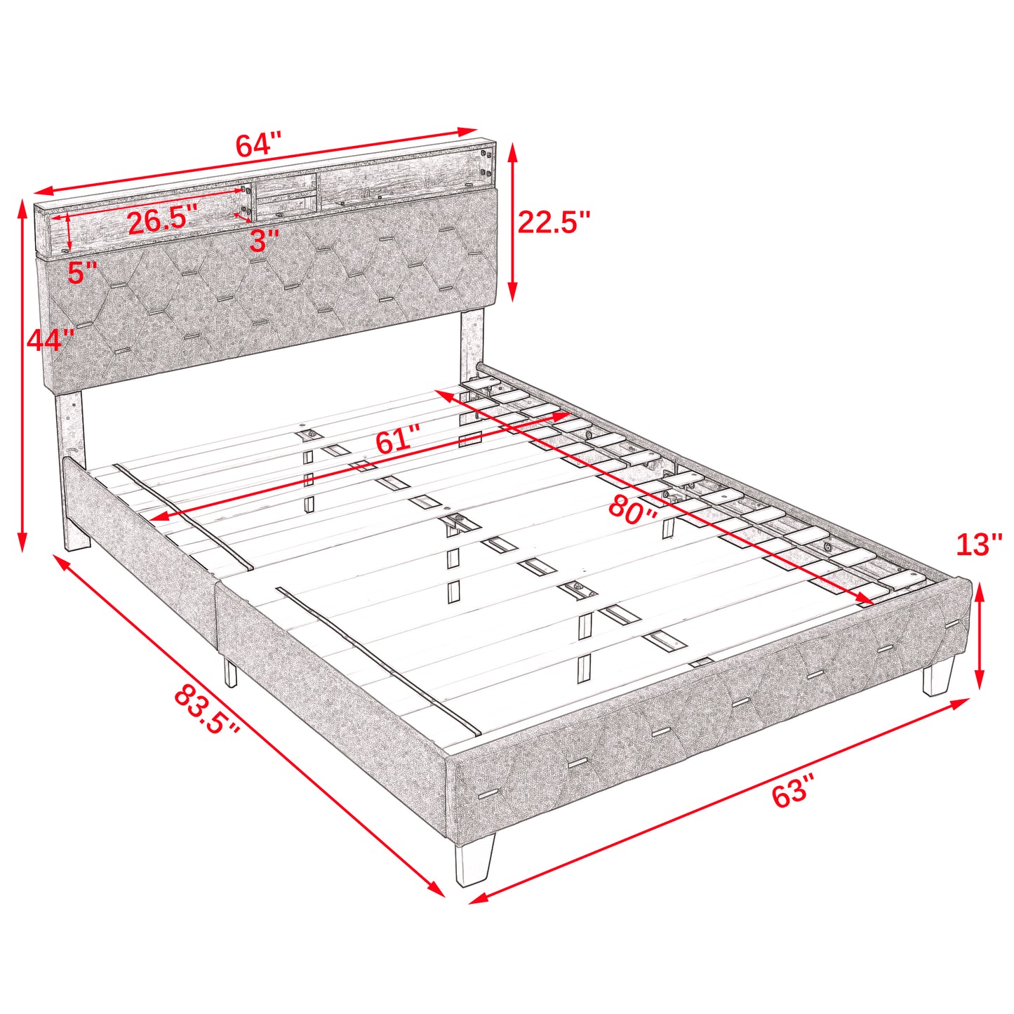 Queen Size Bed Frame, Shelf Upholstered Headboard, Platform Bed with Outlet & USB Ports Grey