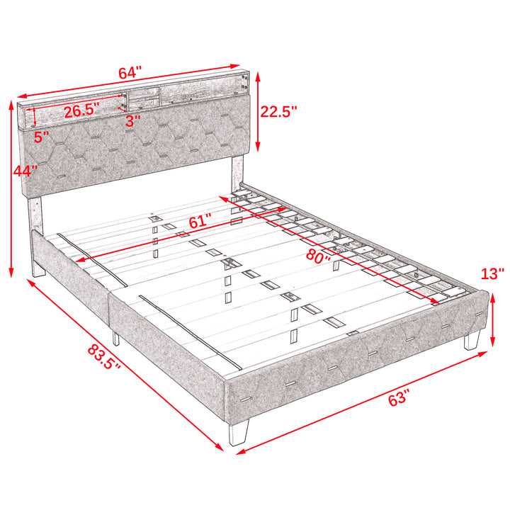 Queen Size Bed Frame, Shelf Upholstered Headboard, Platform Bed with Outlet & USB Ports Grey