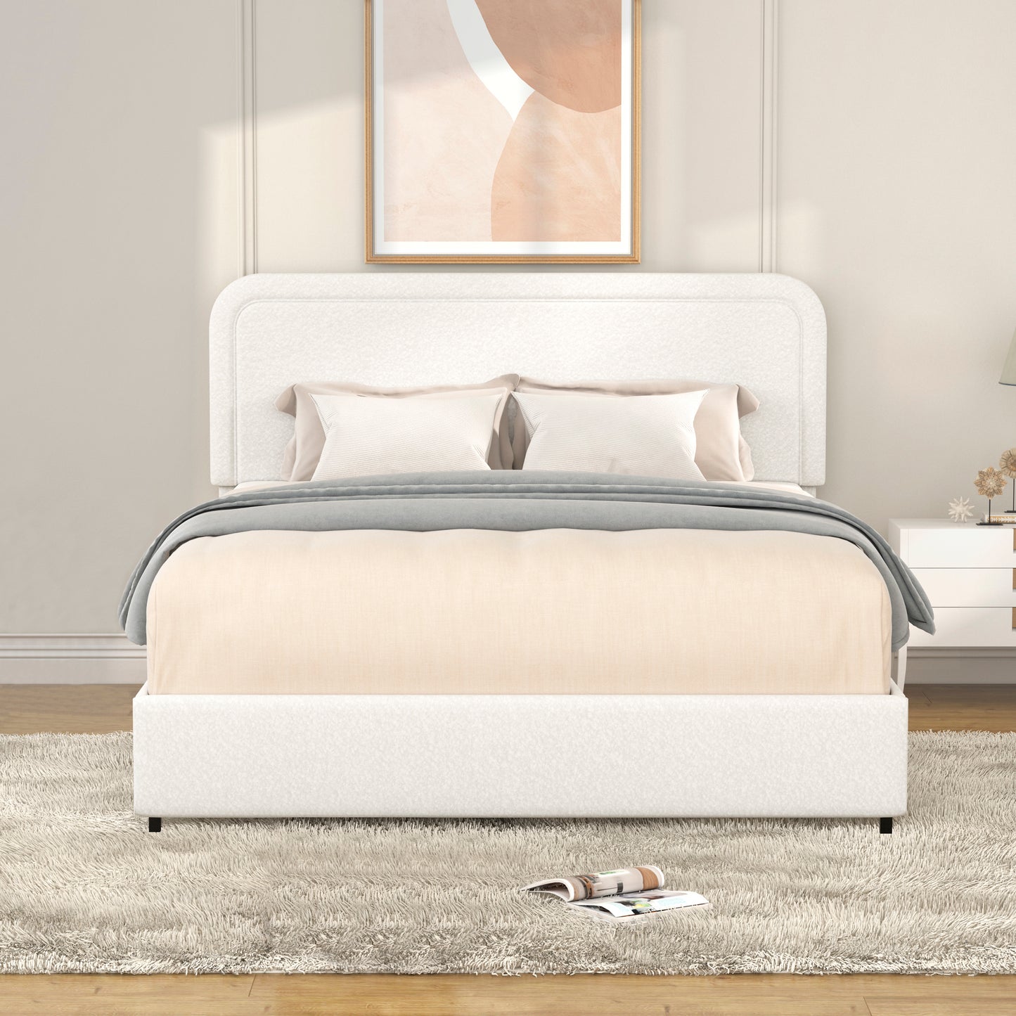 Same as B083119690 Liv Queen Size Ivory Boucle Upholstered Platform Bed with Patented 4 Drawers Storage, Curved Stitched Tufted Headboard, Wooden Slat Mattress Support, No Box Spring Needed