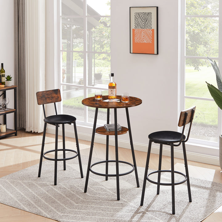 Round bar stool set with shelf, upholstered stool with backrest, Rustic Brown