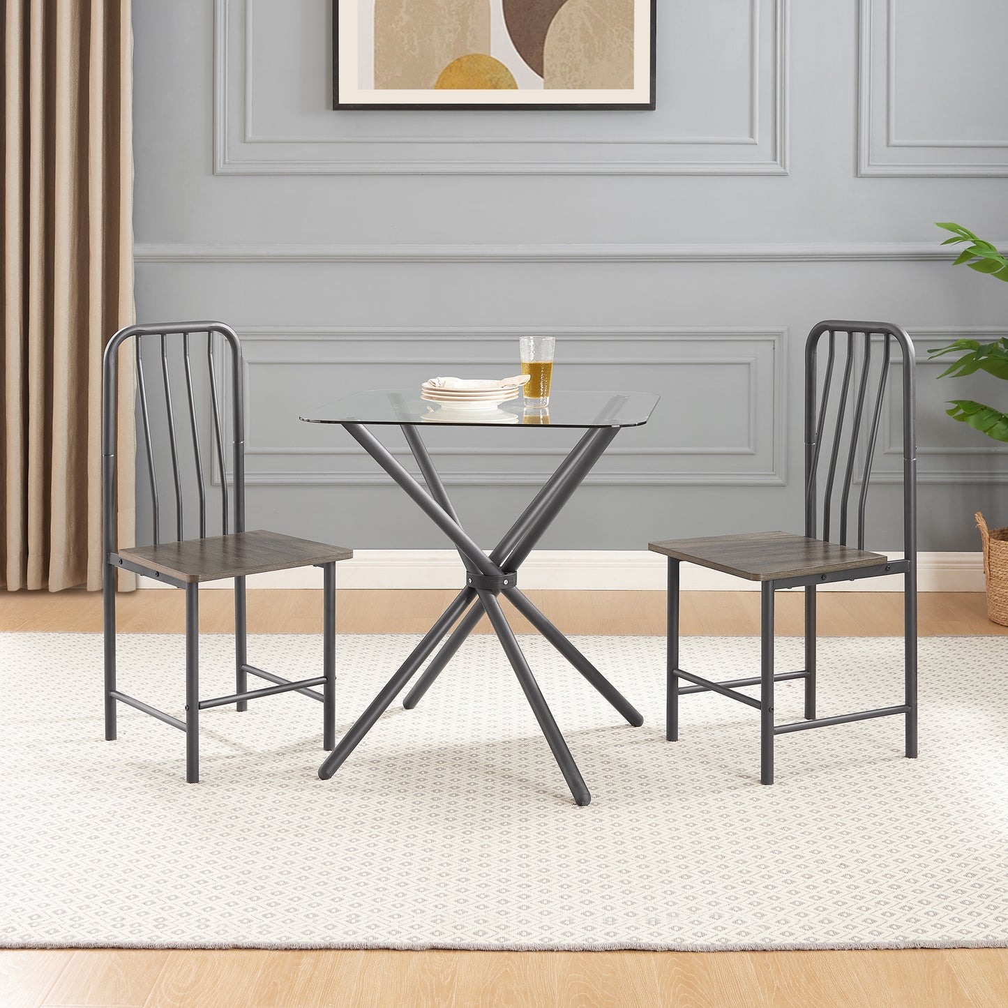 Dining Set for 2, Square Glass Tempered Dining Table with 4 Legs and 2 Metal Chair