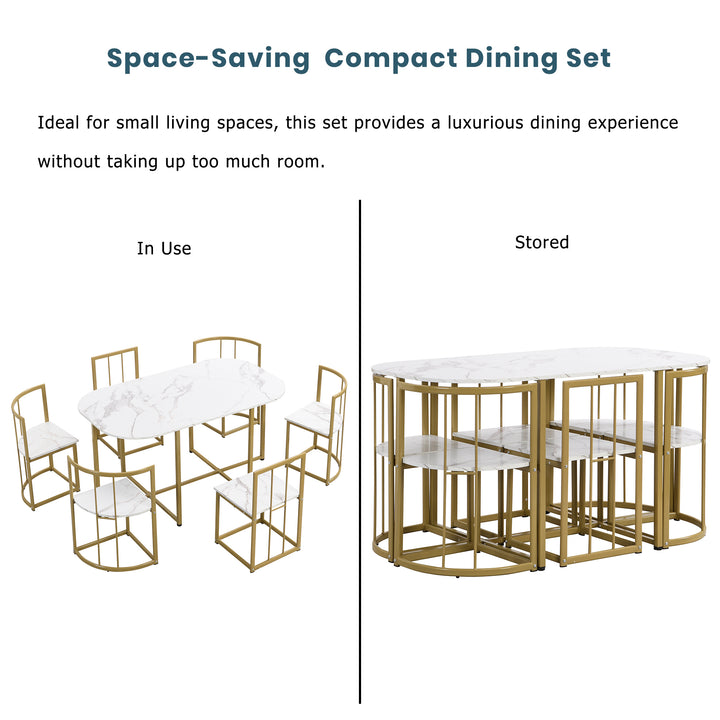 Modern 7-Piece Dining Table Set with Faux Marble Compact 55Inch Kitchen Table Set for 6, Golden+White
