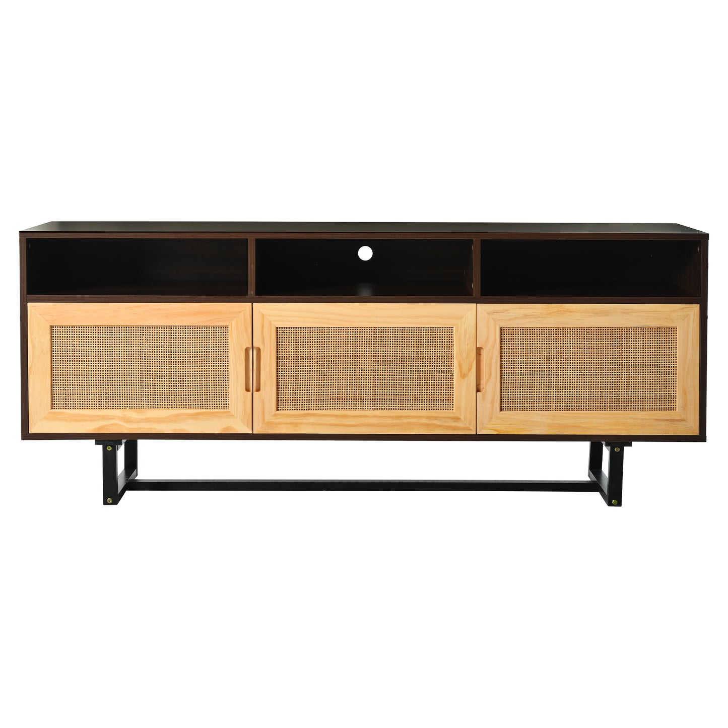 TREXM Retro Rattan TV Stand 3-door Media Console with Open Shelves for TV Stand under 75''(Walnut)