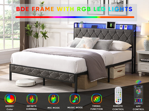 Queen Bed Frame with Storage Headboard, Charging Station and LED Lights, Dark Gray