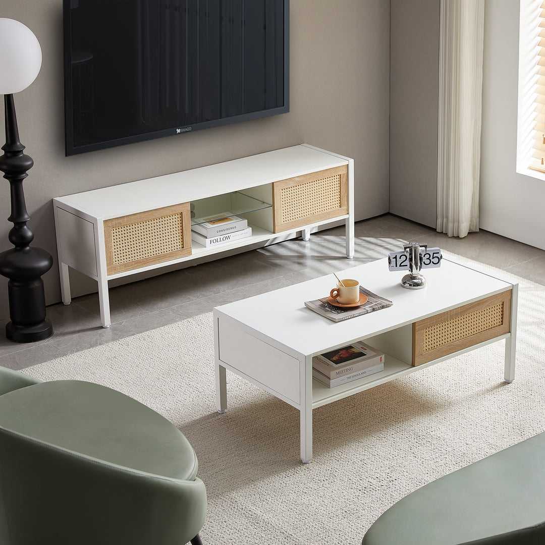 54.33" Rattan TV cabinet with variable color light strip, double sliding doors for storage