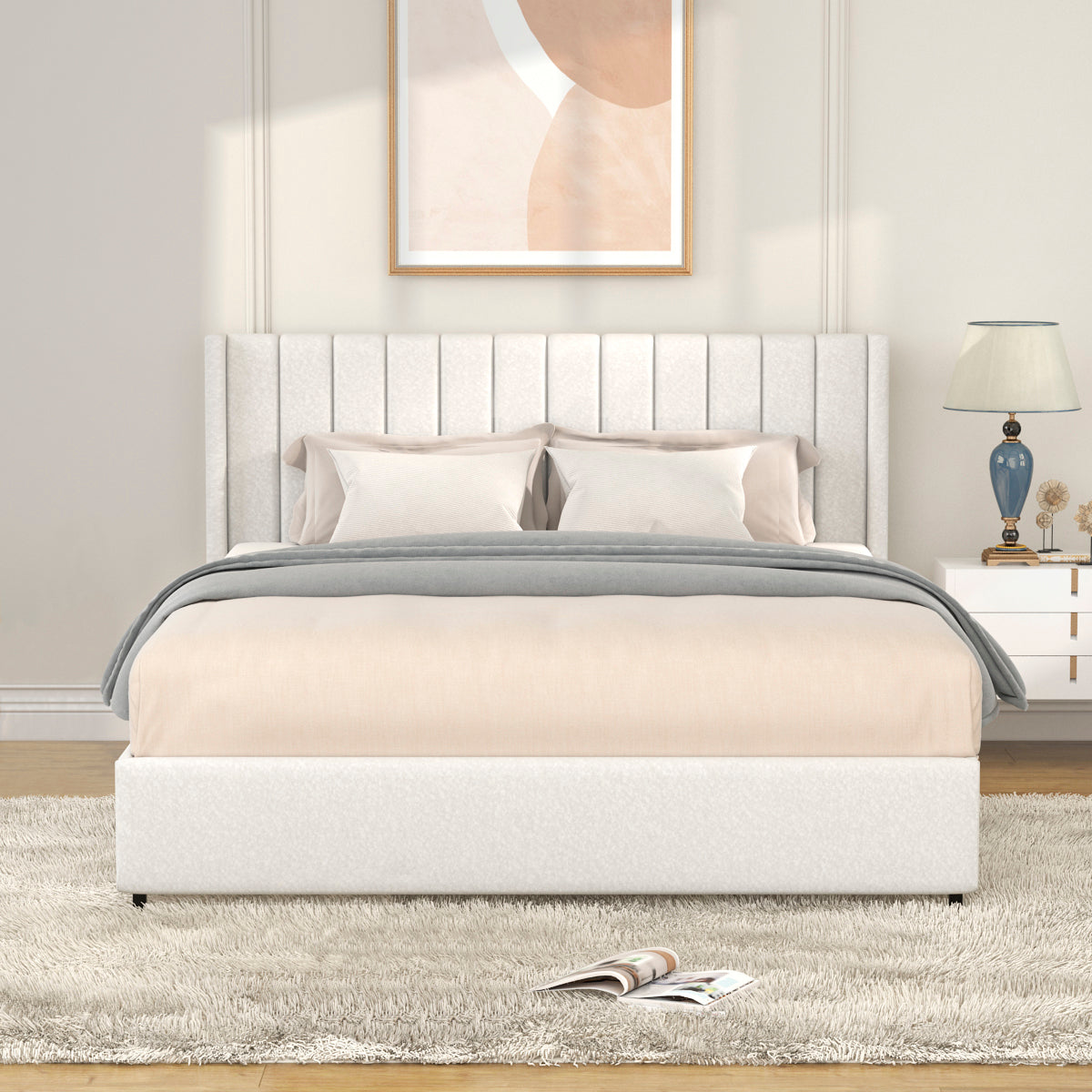 2-Drawers Storage Bed Queen Size Ivory Boucle Upholstered Platform Bed, No Box Spring Needed