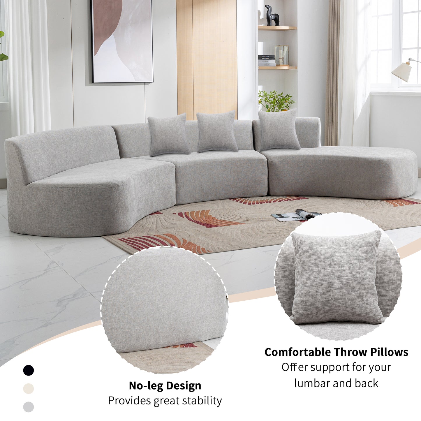 136.6" Stylish Curved sofa Sectional Sofa, Grey