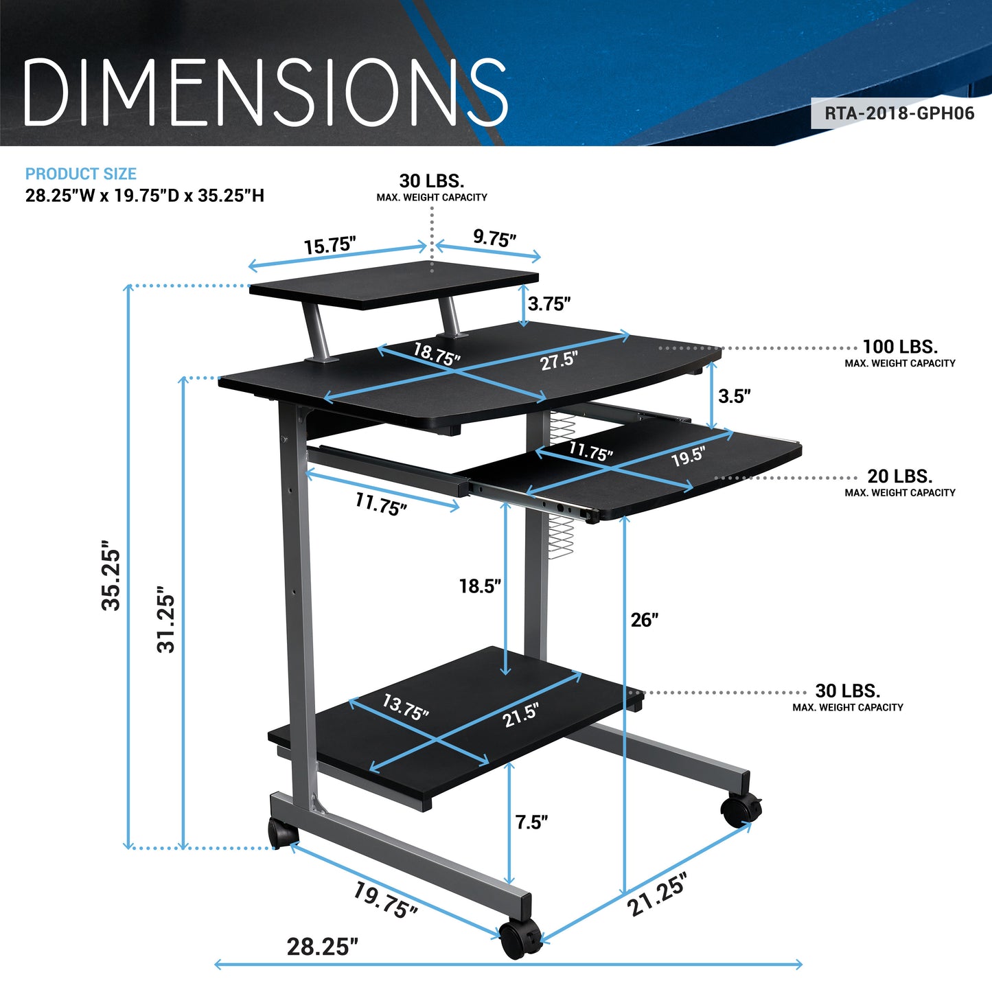 Compact Computer Cart With Storage, Graphite