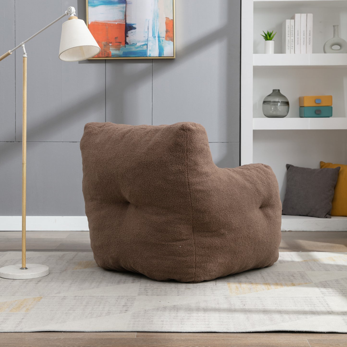 Soft Teddy Fabric Tufted Foam Bean Bag Chair With Teddy Fabric Coffee