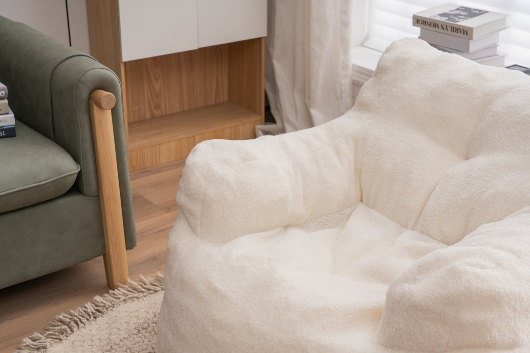 Soft Teddy Fabric Tufted Foam Bean Bag Chair With Teddy Fabric Ivory White