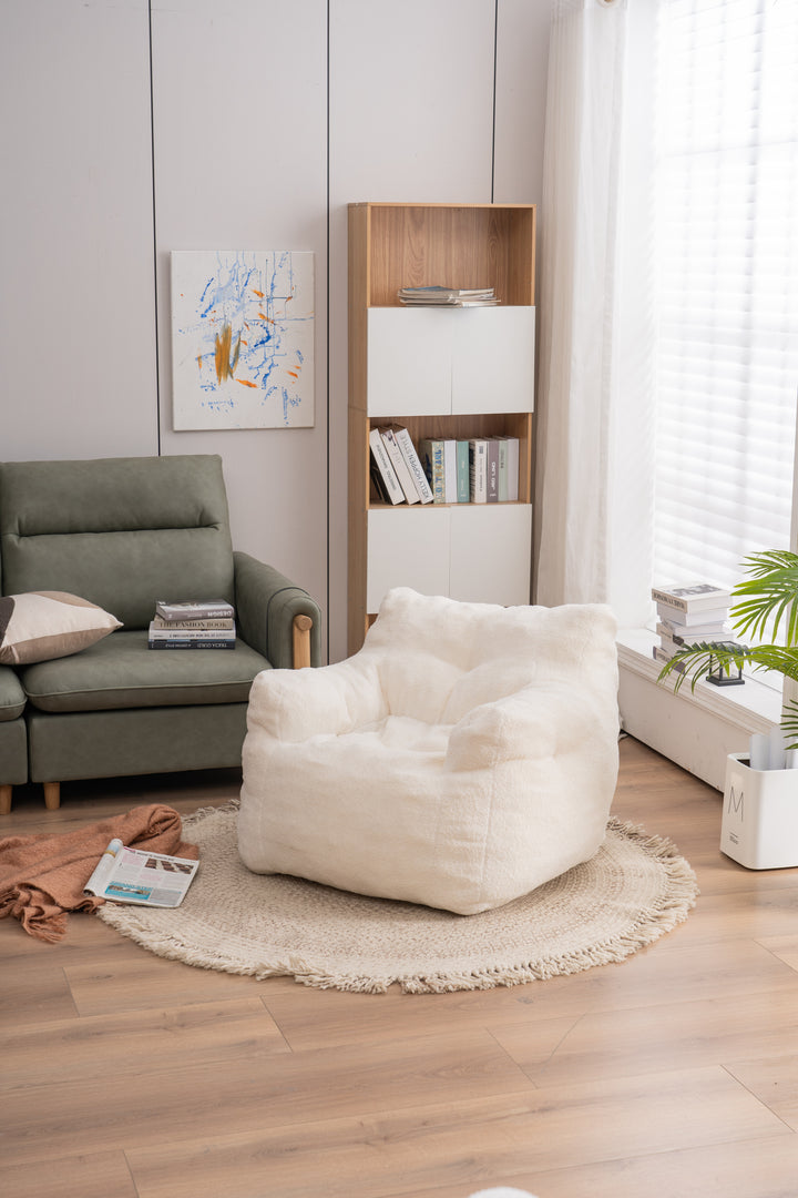 Soft Teddy Fabric Tufted Foam Bean Bag Chair With Teddy Fabric Ivory White