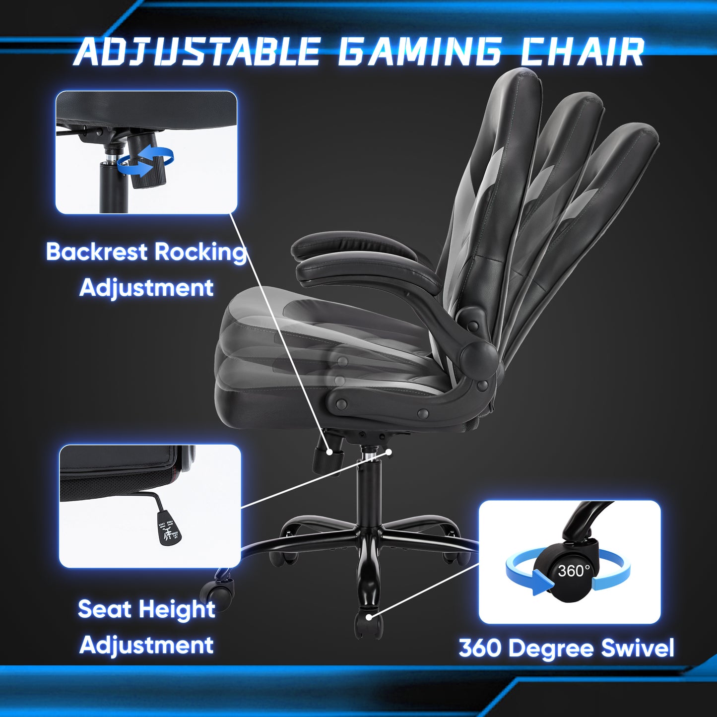 Gaming Chair - PU Leather Computer Chair Ergonomic Office Chair with Lumbar Support, Height Adjustable Rolling Desk Chairs with Flip-up Armrests