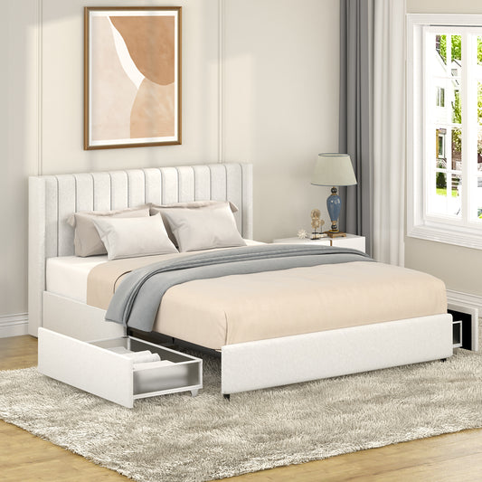 2-Drawers Storage Bed Queen Size Ivory Boucle Upholstered Platform Bed, No Box Spring Needed