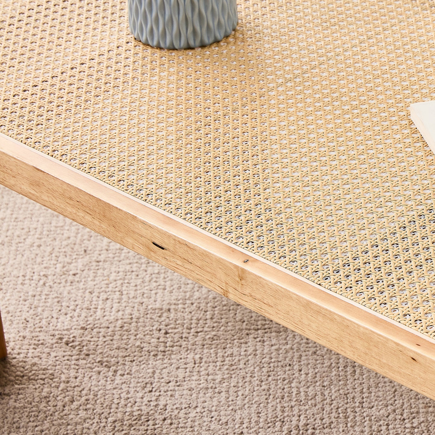 Modern and minimalist rectangular rattan tabletop with rubber wooden leg