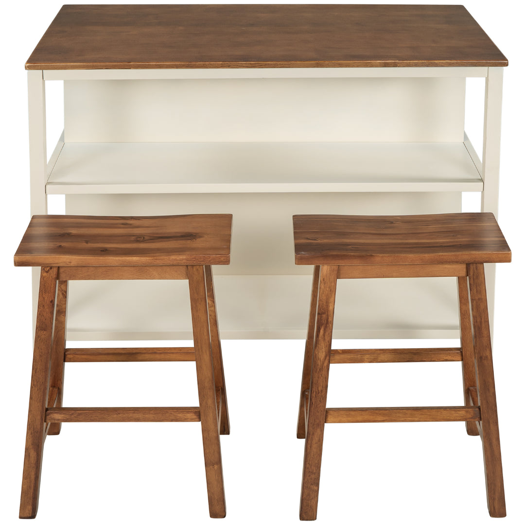 Solid Wood Rustic 3-piece 45" Stationary Kitchen Island Set with 2 Seatings, Rubber Wood