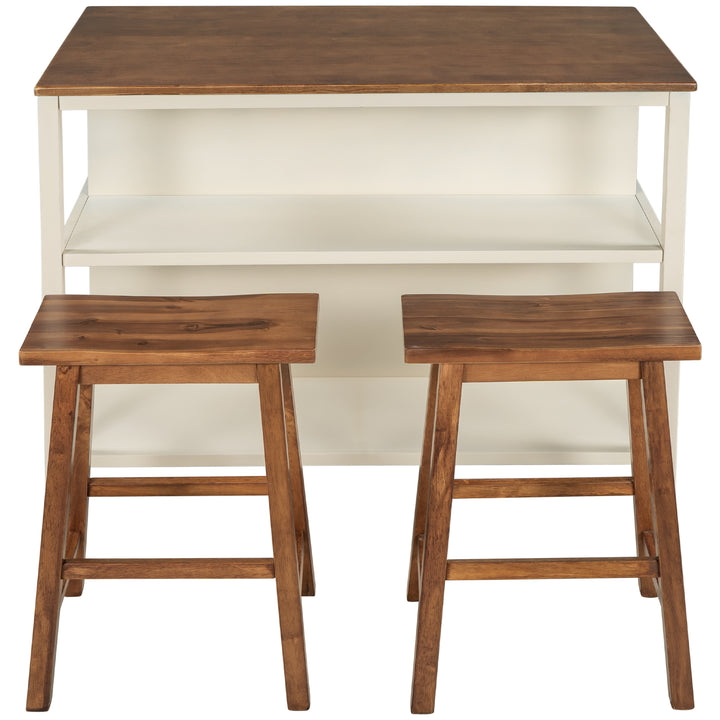 Solid Wood Rustic 3-piece 45" Stationary Kitchen Island Set with 2 Seatings, Rubber Wood