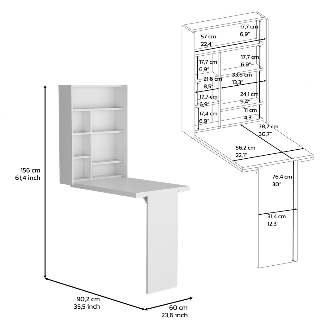 Wall Foldable Table with Multiple Shelves, White