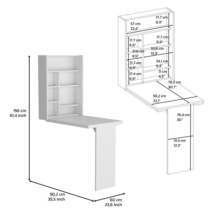 Wall Foldable Table with Multiple Shelves, White