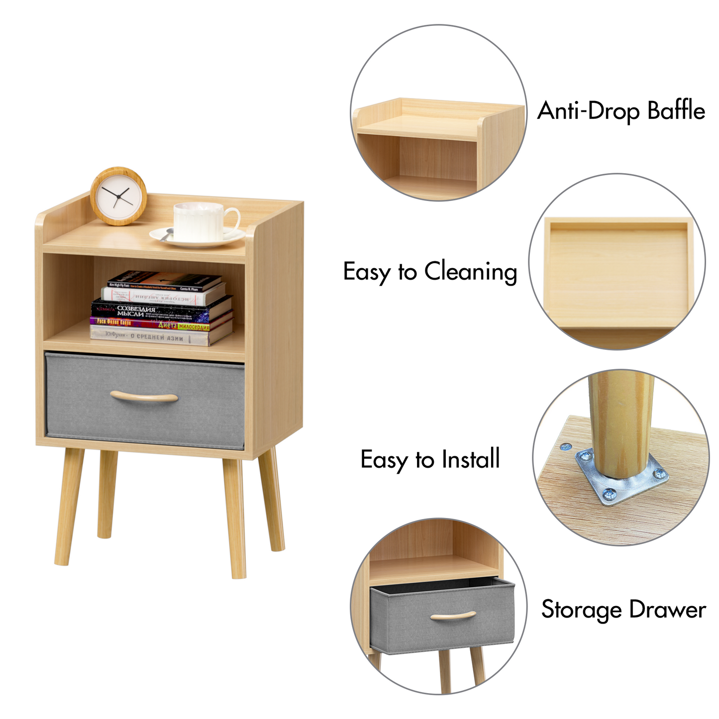 Nightstand With Collapsible Fabric Drawer, 2-Tier Storage End Table - Oak