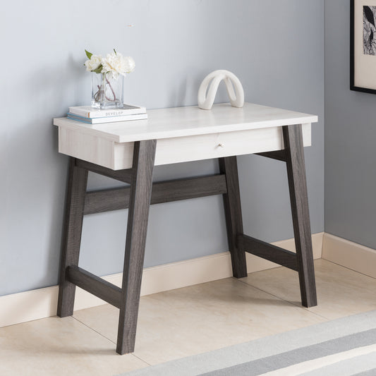 Writing Desk, Home Office Desk with Drawer- White & Distressed Grey