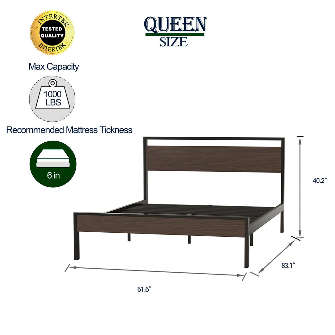 Metal Bed, Black with Walnut Wood Headboard&Footboard, Queen