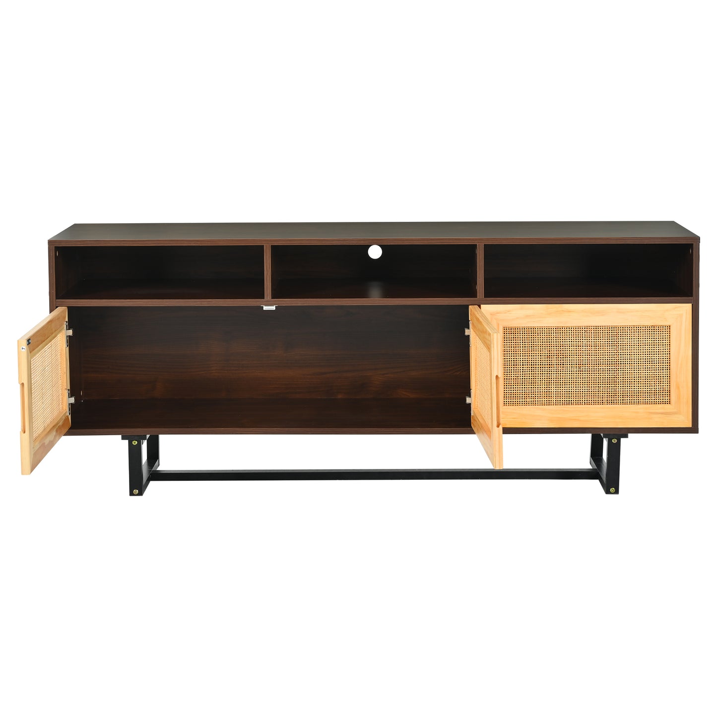 TREXM Retro Rattan TV Stand 3-door Media Console with Open Shelves for TV Stand under 75''(Walnut)