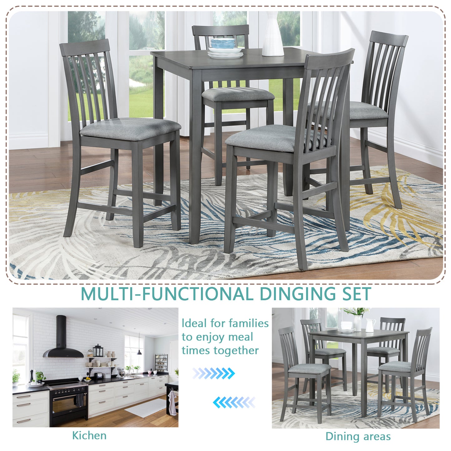 5 Piece Dining Table Set, Wooden Dining Square Table Set for 4