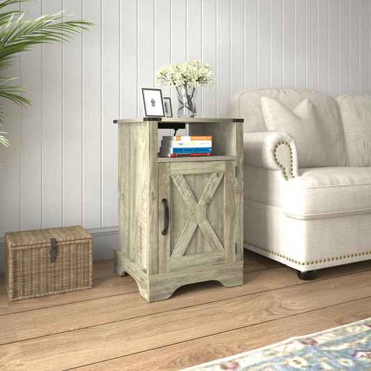 Nightstand Side Table, Wooden Rustic End Table, Tall Bedside Table with Electrical Outlets Charging Station  - Light Grey