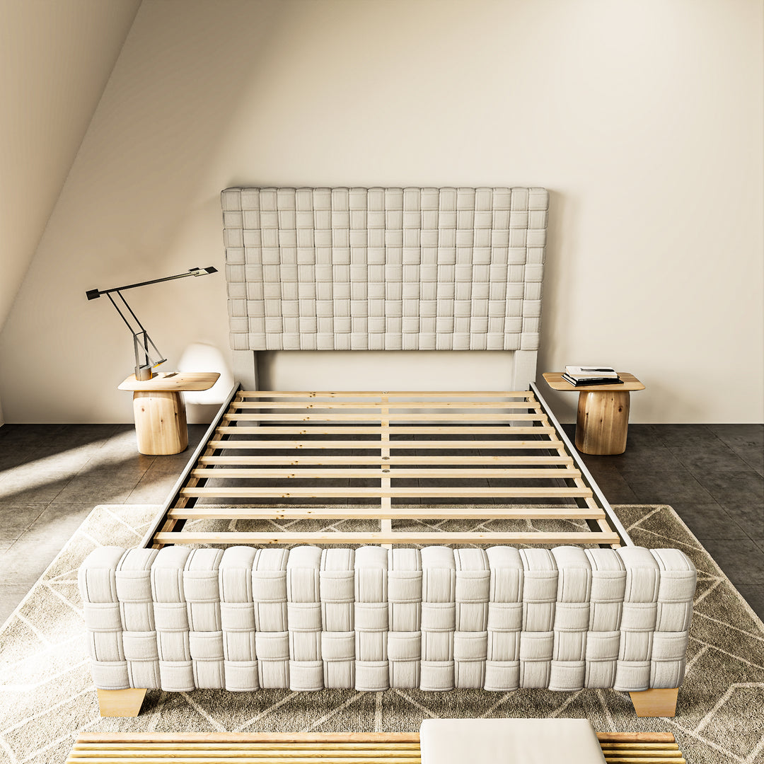 Light Beige ColorLinen & rubber wood Nature color  legs  &High headboard