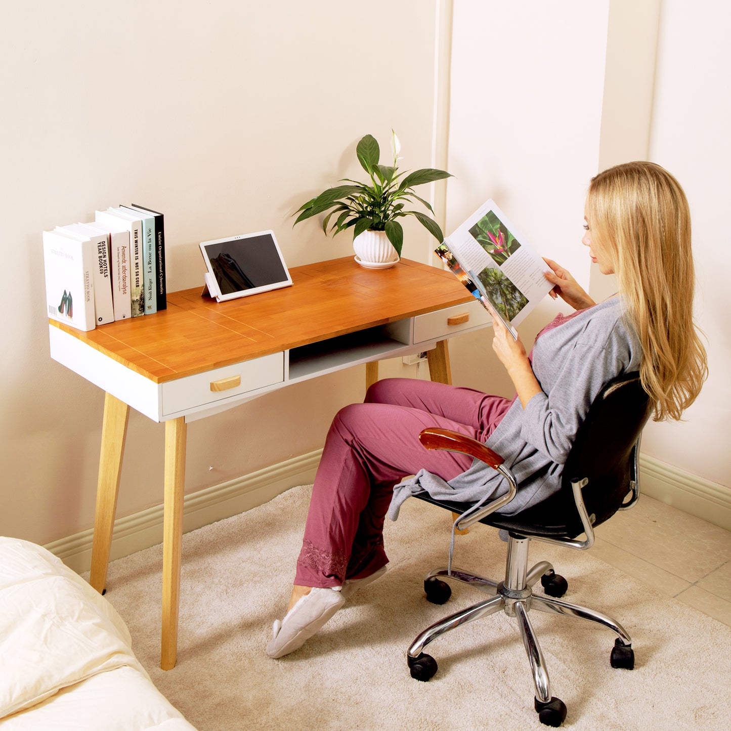 Wooden Writing Desk for Office,Solid Wood Computer Table for Home Wood+White Finish