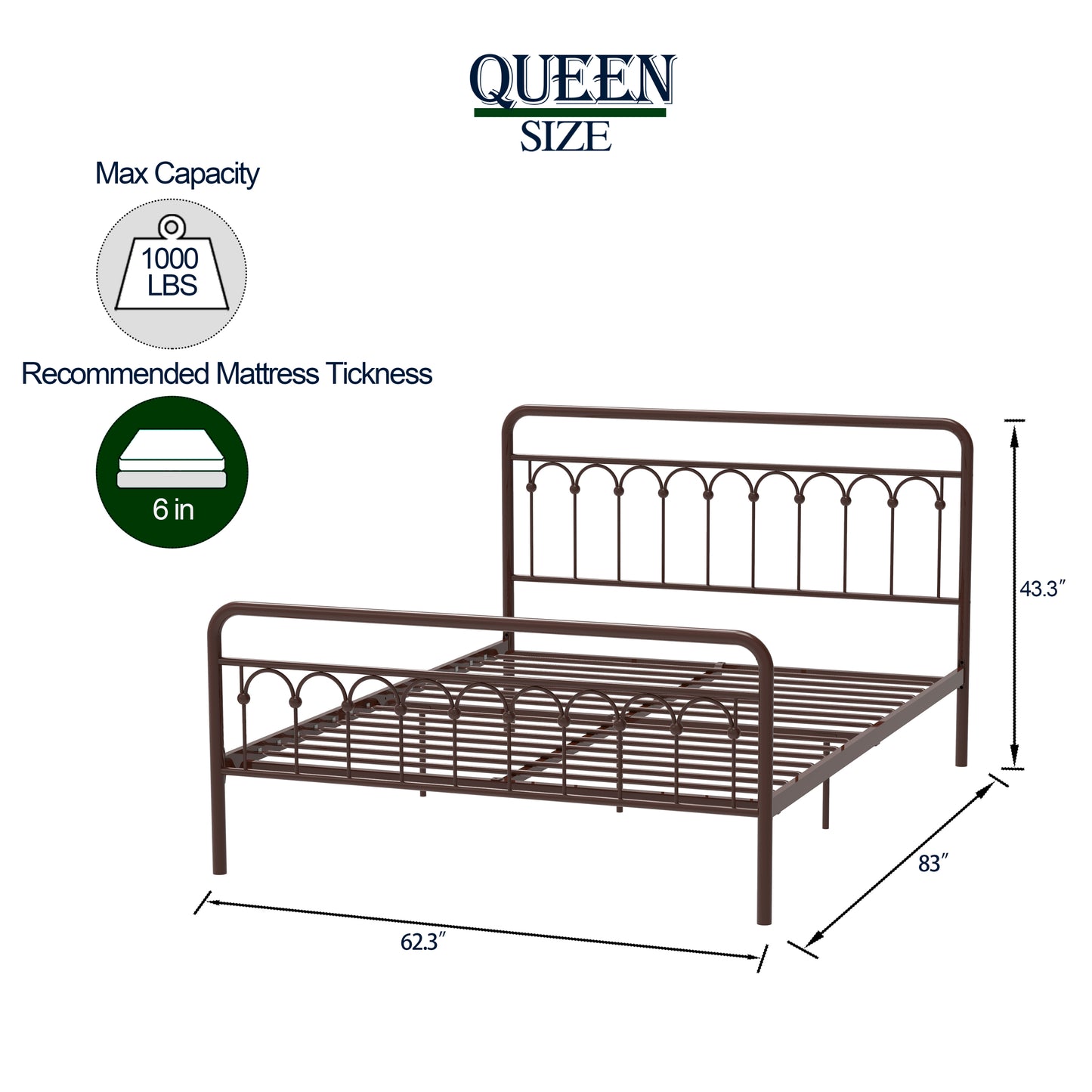 Tara Metal Bed Queen, Antique Brown