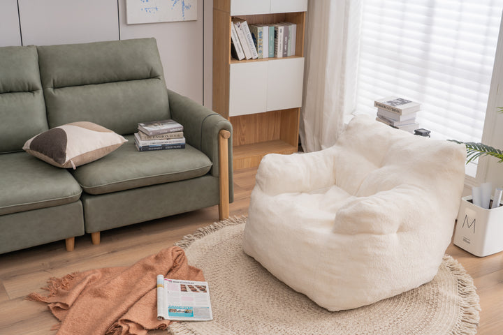 Soft Teddy Fabric Tufted Foam Bean Bag Chair With Teddy Fabric Ivory White