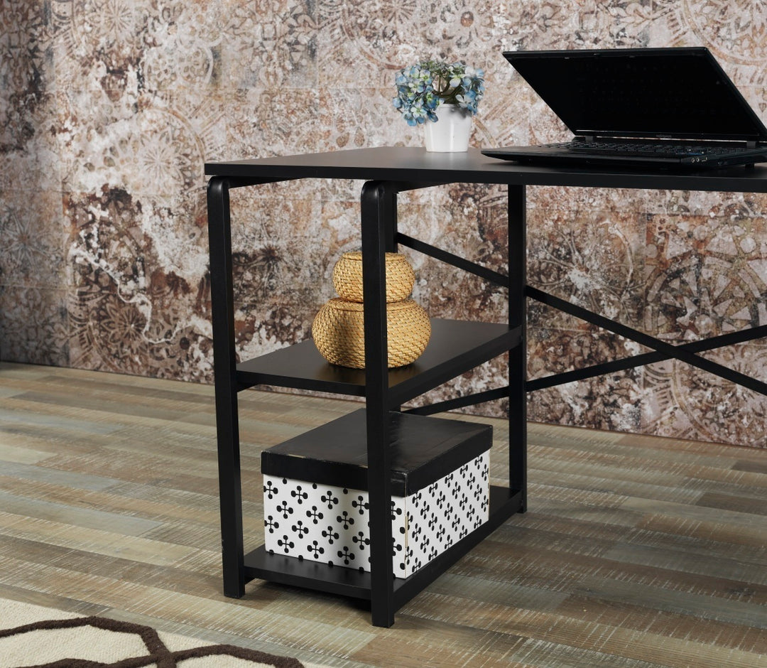 Black Metal Frame 47" Wooden Top 2 Shelves Writing and Computer Desk for Home Office, Black