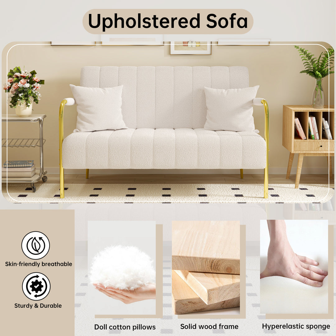 59 inch beige sofa teddy fleece, two throw pillows