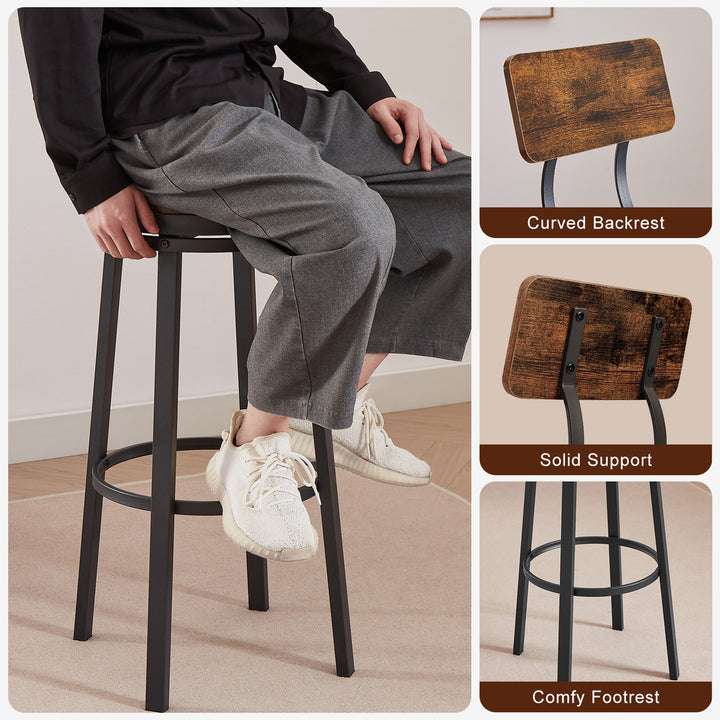 bar stool set of 2 with backrest, industrial style, metal frame