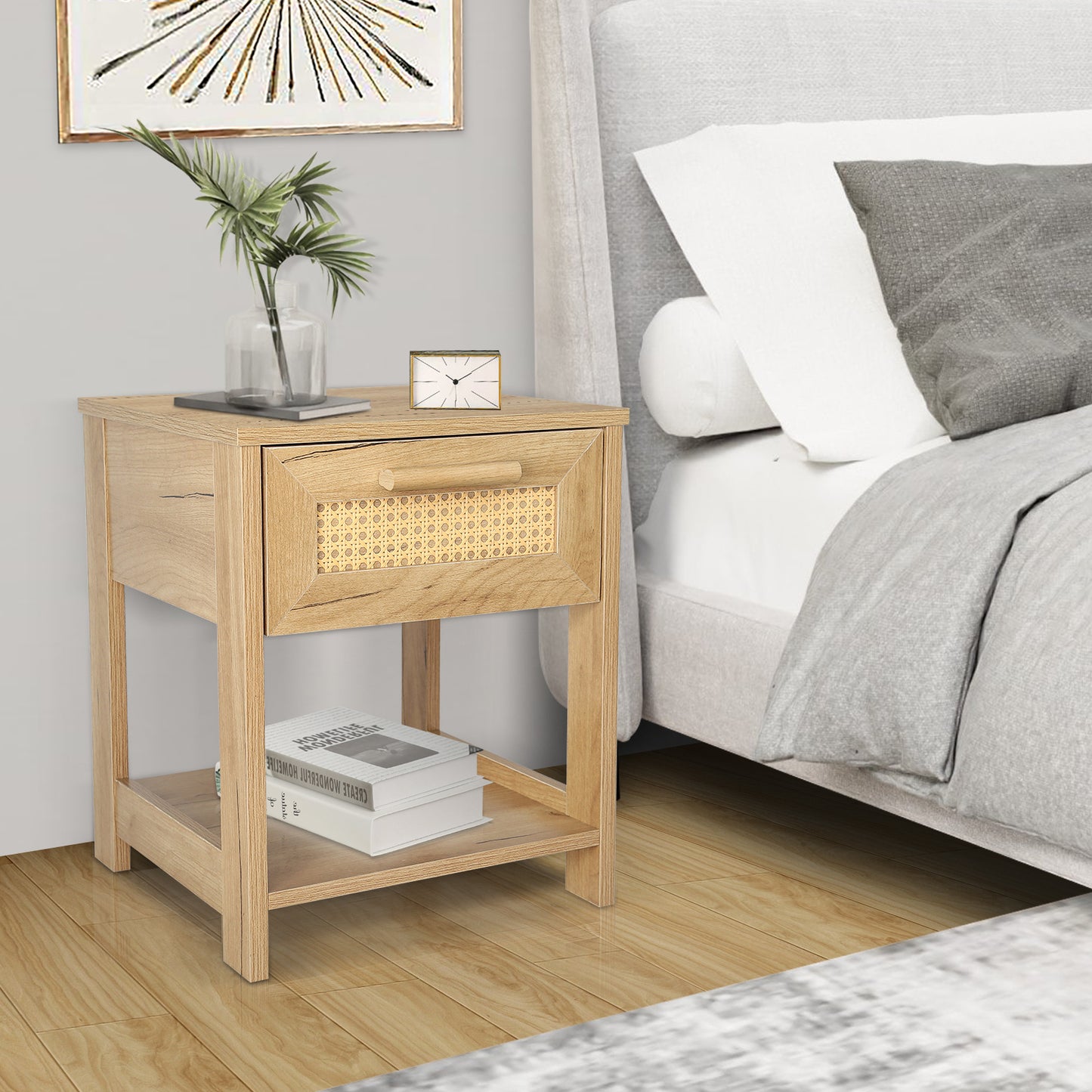 Nightstand Set of 2, 2 Drawer Dresser for Bedroom, Small Dresser with 2 Drawers and two open storage shelf  Natural Color