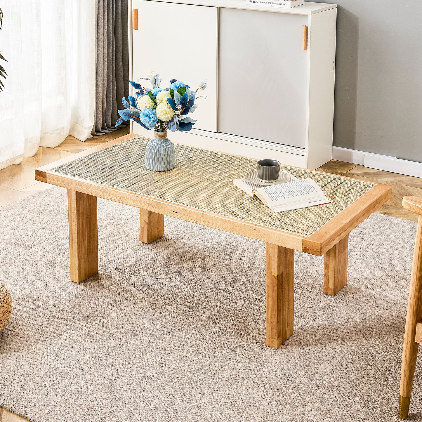 Modern and minimalist rectangular rattan tabletop with rubber wooden leg