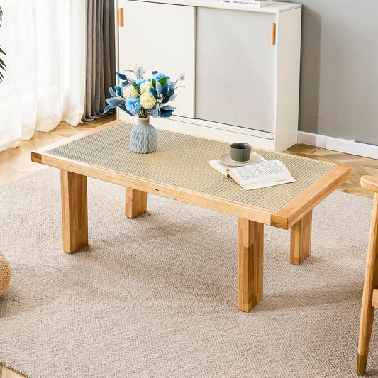 Modern and minimalist rectangular rattan tabletop with rubber wooden leg