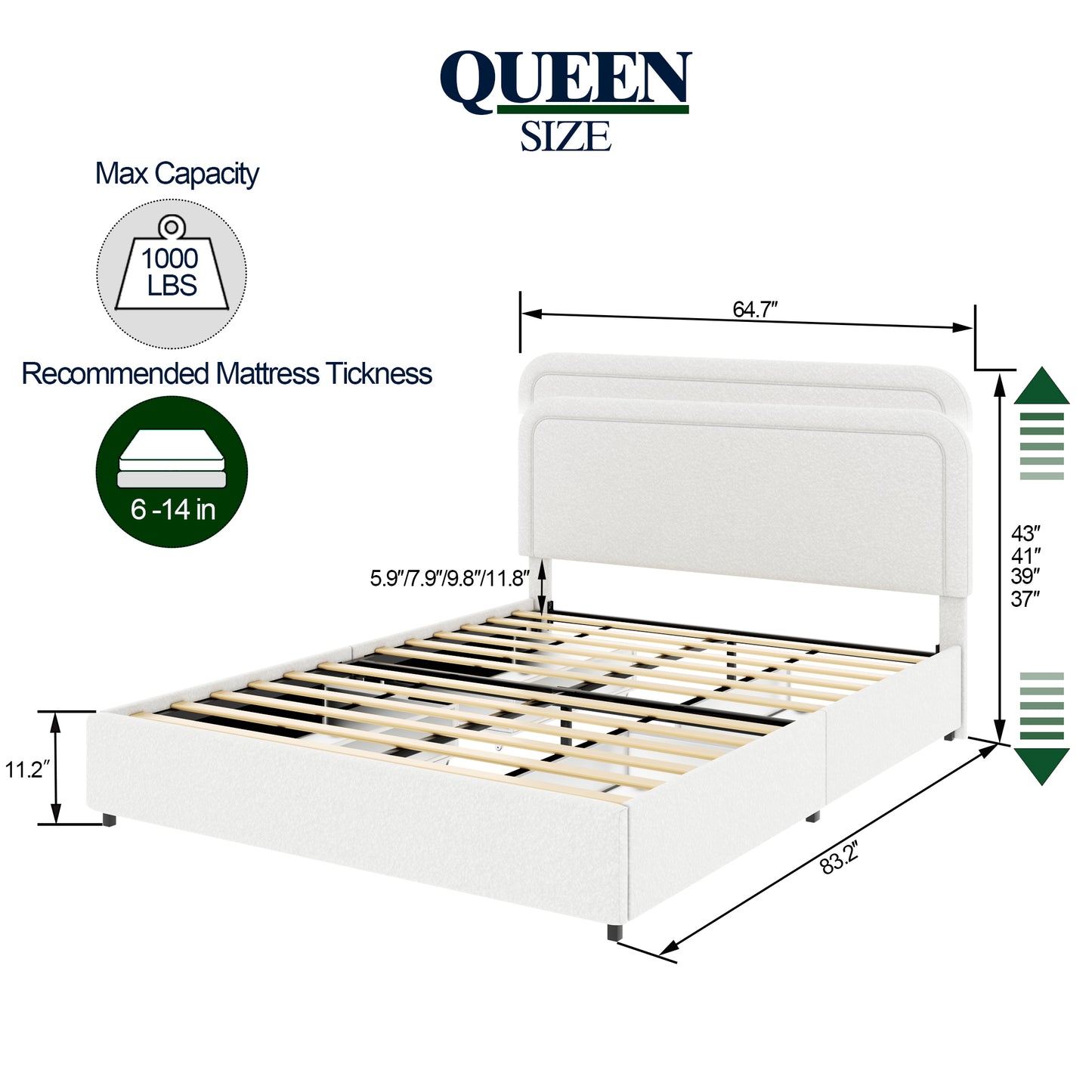 Same as B083119690 Liv Queen Size Ivory Boucle Upholstered Platform Bed with Patented 4 Drawers Storage, Curved Stitched Tufted Headboard, Wooden Slat Mattress Support, No Box Spring Needed