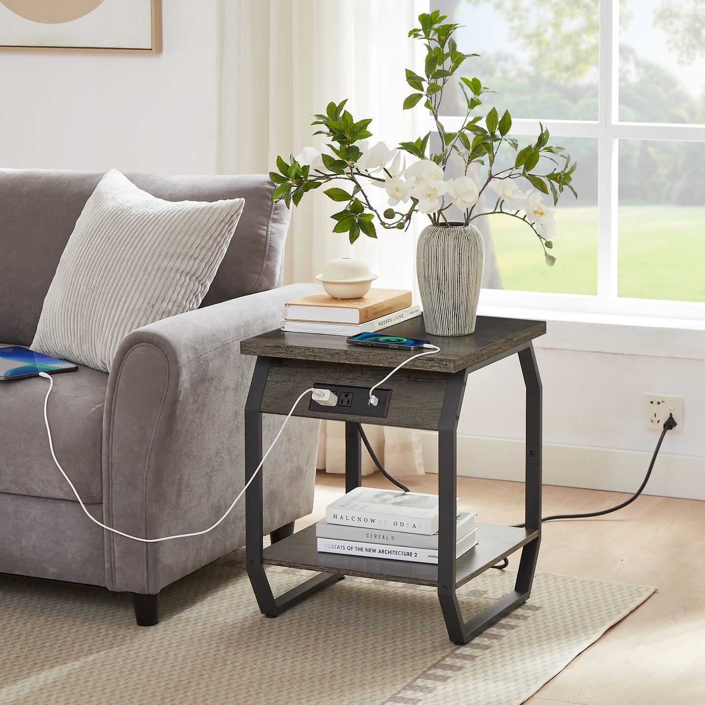 Side Table with Charging Station, Set of 2 End Tables with USB Ports and Sockets