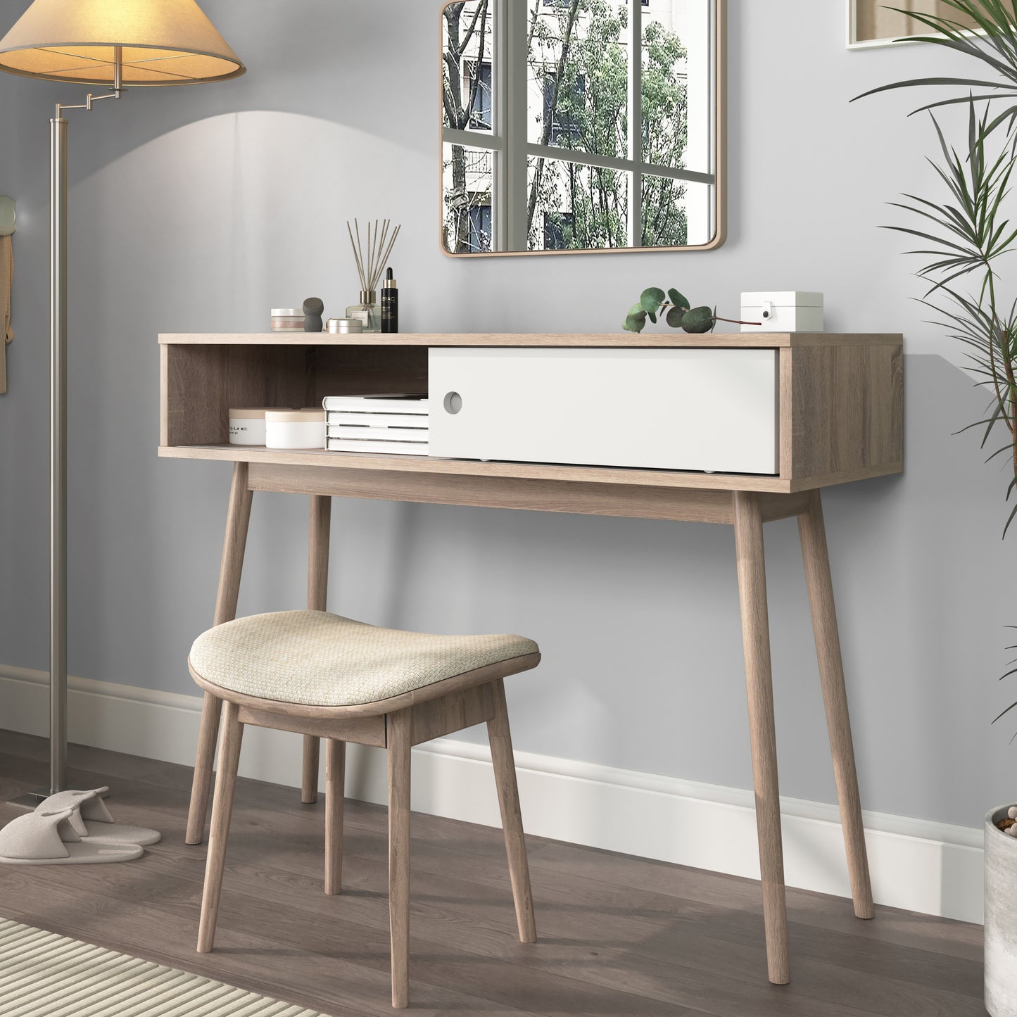 Table with 2 White Sliding Doors, Console Table with Storage Space and Wood Legs